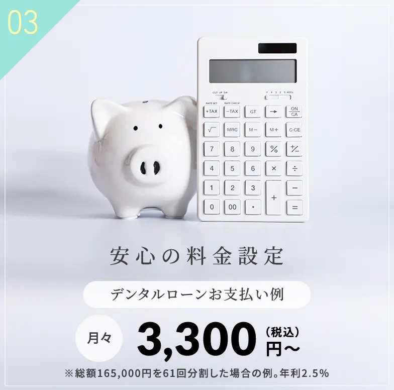 安心の料金設定 デンタルローンお支払い例 月々 3,300円〜（税込）※総額165,000円を61回分割した場合の例。年利2.5％